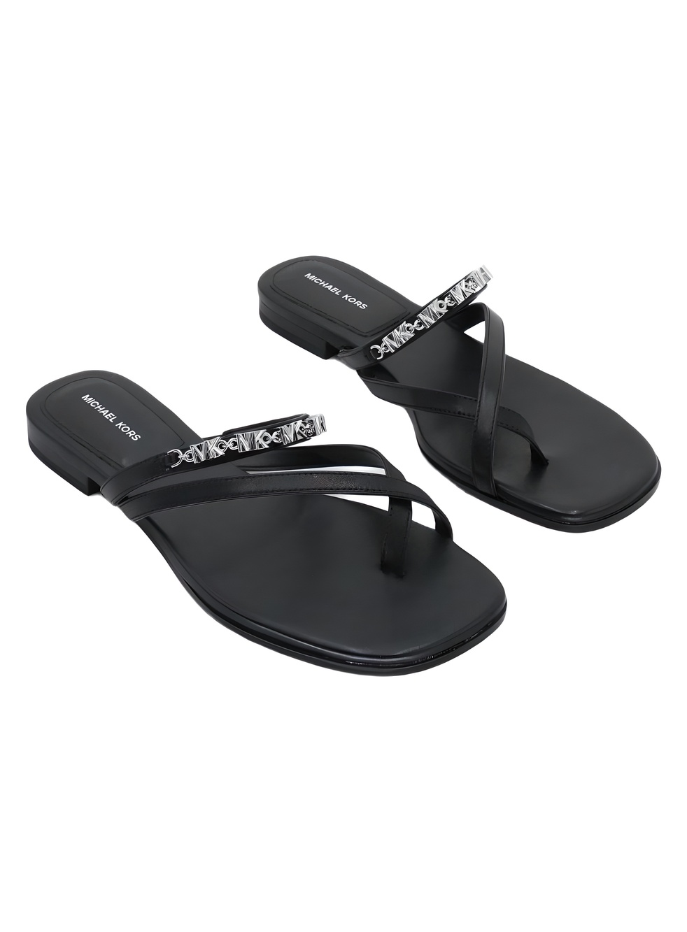 Michael Kors Dina Black Leather Logo Strap Square Toe Flat Sandals Size 6.5M